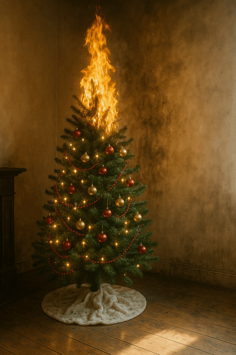 Christmas light fire damage from a Christmas tree fire in a living room